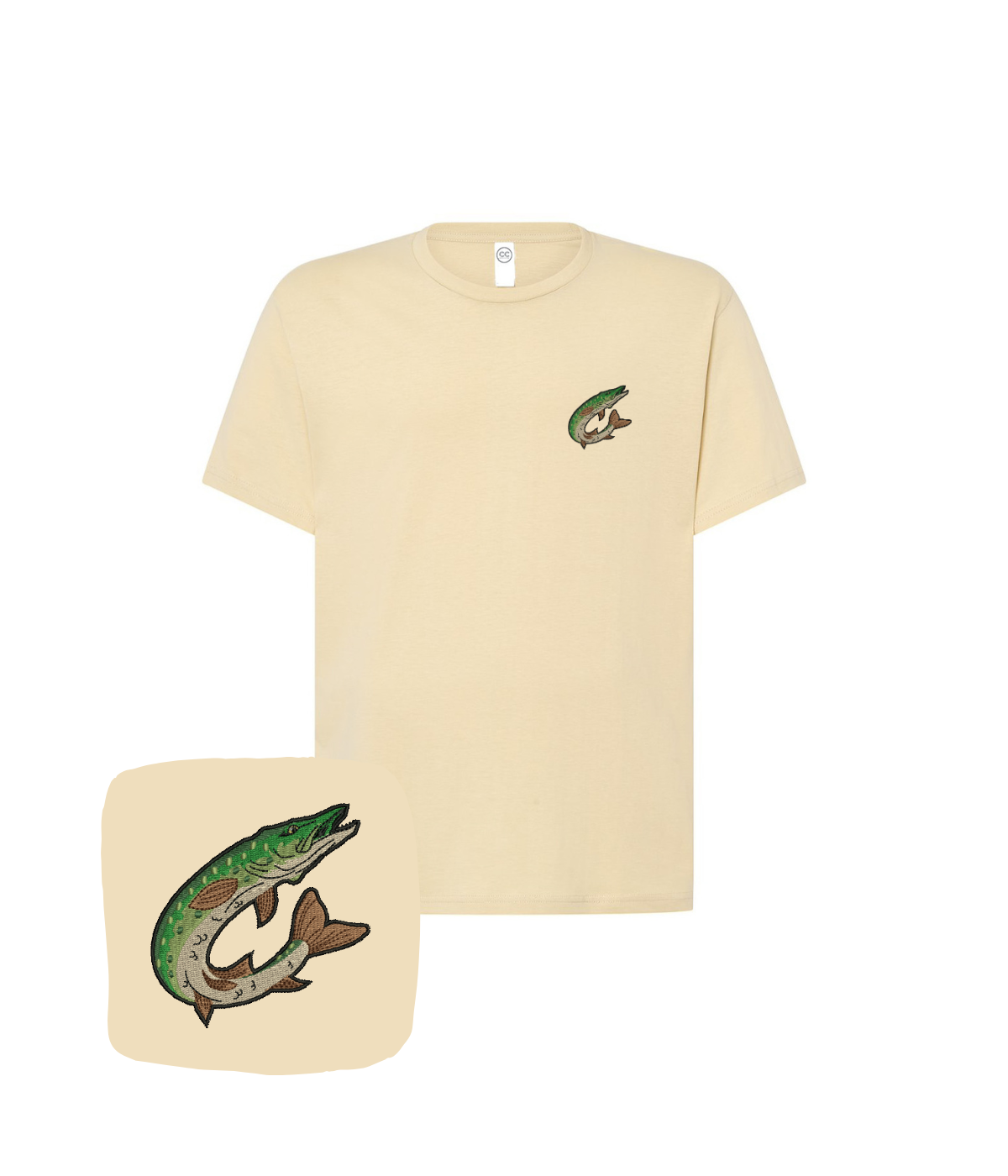 Beige t-shirt featuring a stitched jumping pike fish design by CustomClothes.pl, casual and stylish men's apparel.