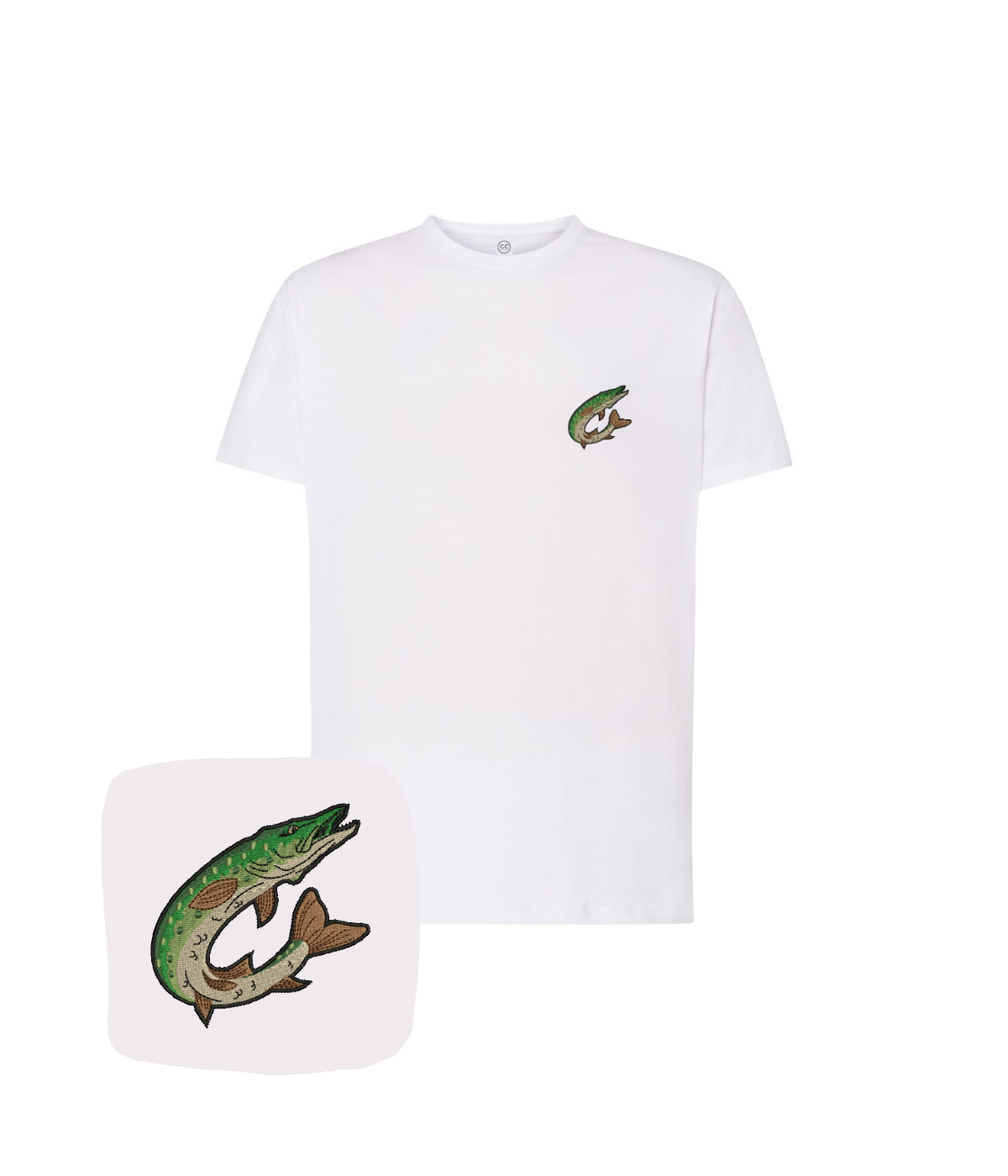 White T-shirt with embroidered jumping pike fish design from CustomClothes.pl, casual and stylish for fishing enthusiasts.