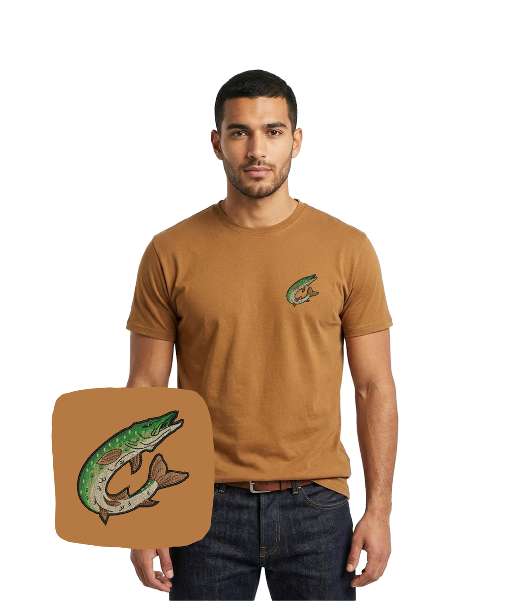 Brown T-shirt with embroidered jumping perch fish design, featuring detailed stitching on the front, by CustomClothes.pl.