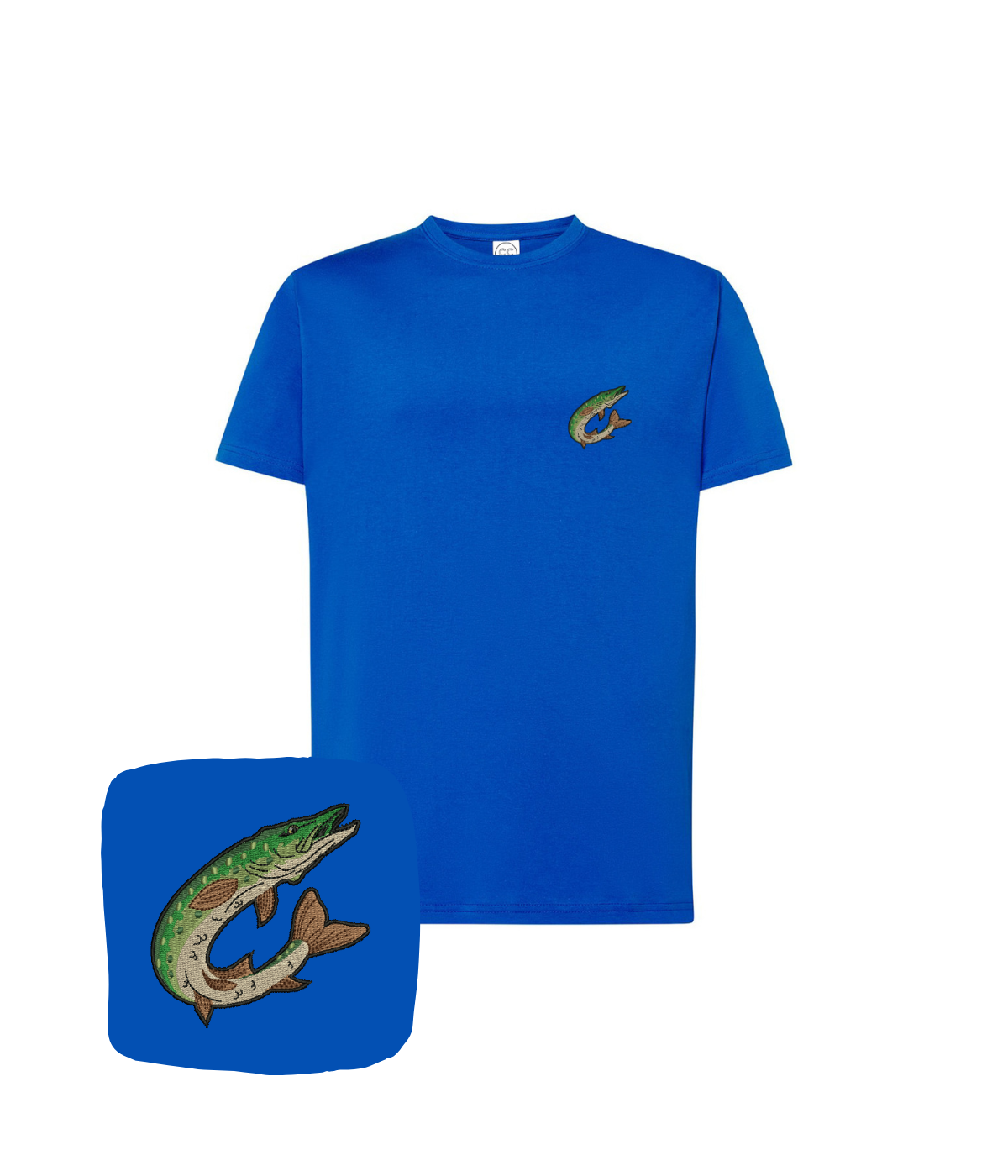Dark blue T-shirt with a jumping pike embroidery from CustomClothes.pl, featuring detailed fish design on the front.