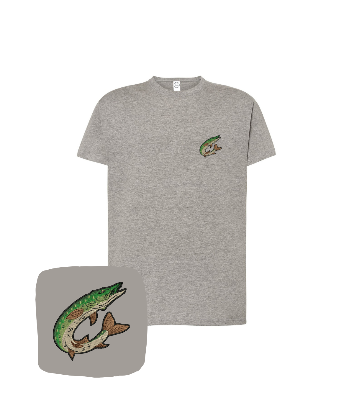 Dark gray T-shirt with a stitched trout in a jumping pose, featuring a custom embroidered design from CustomClothes.pl