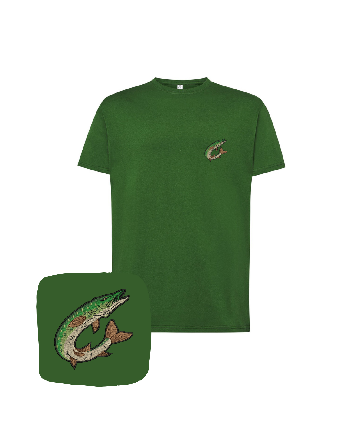 Dark green T-shirt with a embroidered jumping pike fish logo, from CustomClothes.pl, displayed on a mannequin.