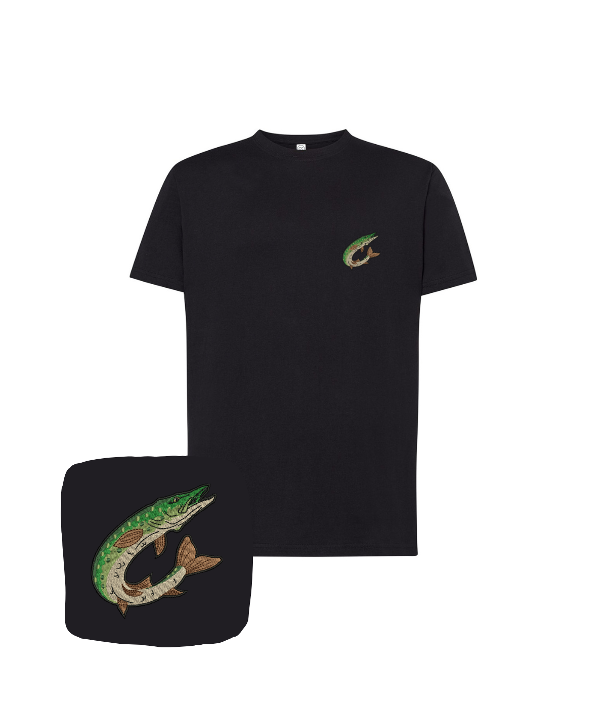 Black T-shirt with embroidered jumping pike fish design from CustomClothes.pl. Comfortable casual wear with detailed fishing motif.