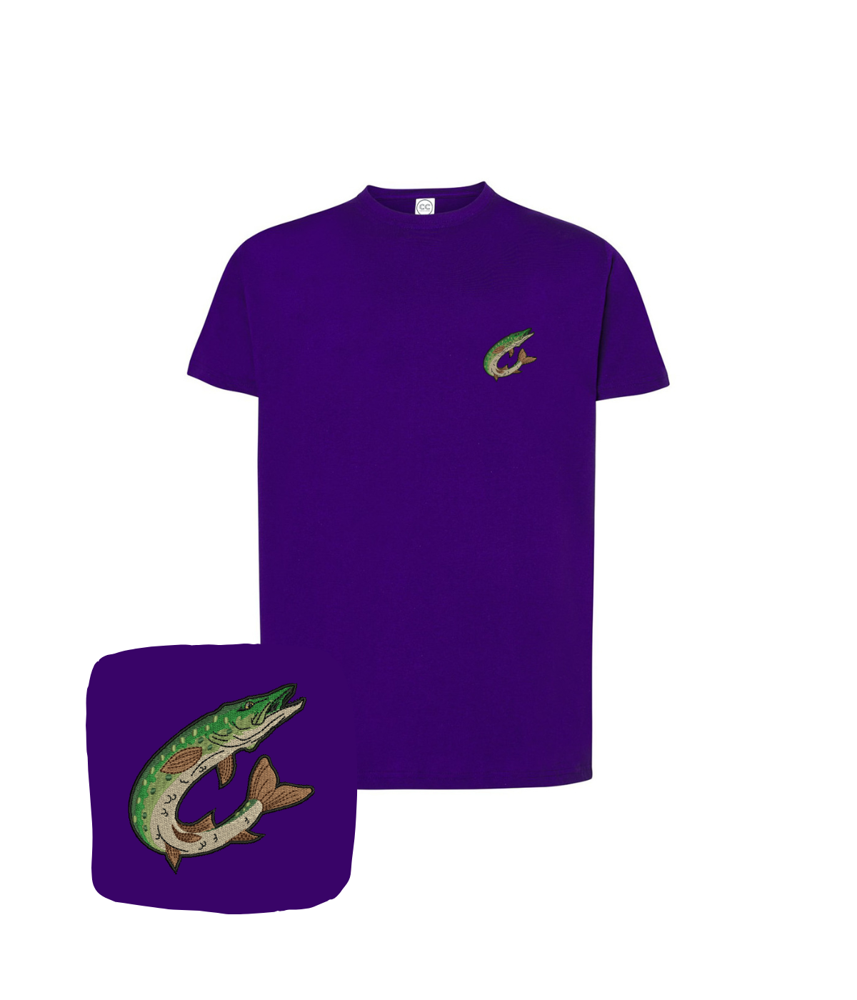 Purple T-shirt with a jumping pike embroidery by CustomClothes.pl, casual summer apparel, front view of the design.