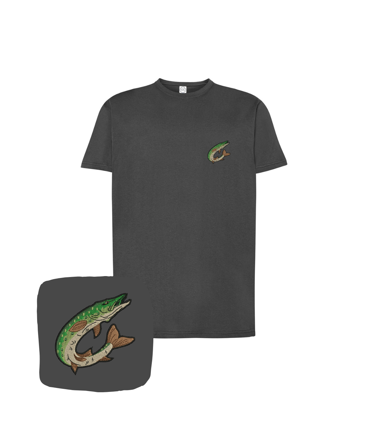 Grafitowa koszulka z haftem szczupaka w skoku, casual t-shirt od CustomClothes.pl na co dzień.