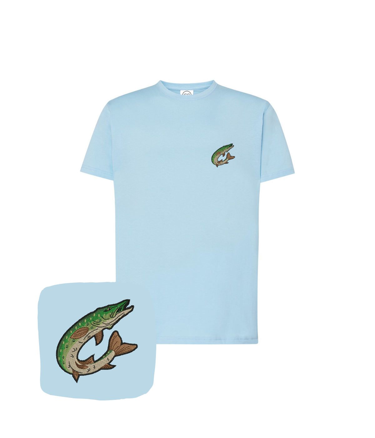 Light blue T-shirt with a embroidered jumping pike fish, from CustomClothes.pl, featuring detailed fish embroidery design.
