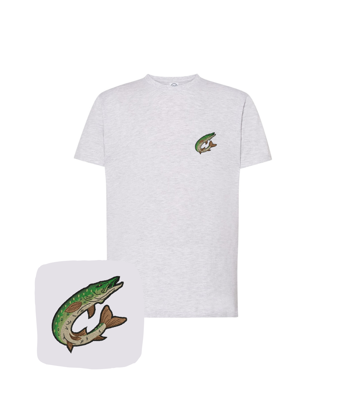 Light gray t-shirt with a colorful embroidered pike jumping design, by CustomClothes.pl, shown on a plain background.