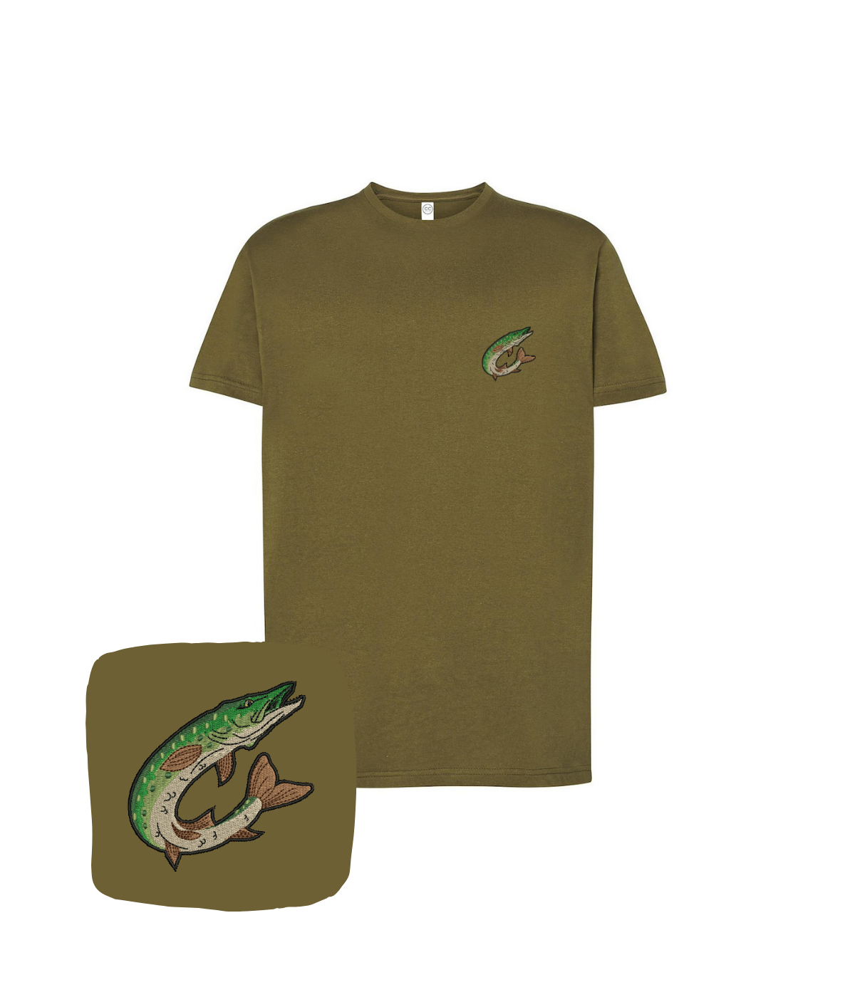 Khaki T-shirt with embroidered jumping pike fish design, made by CustomClothes.pl, displayed on a plain background