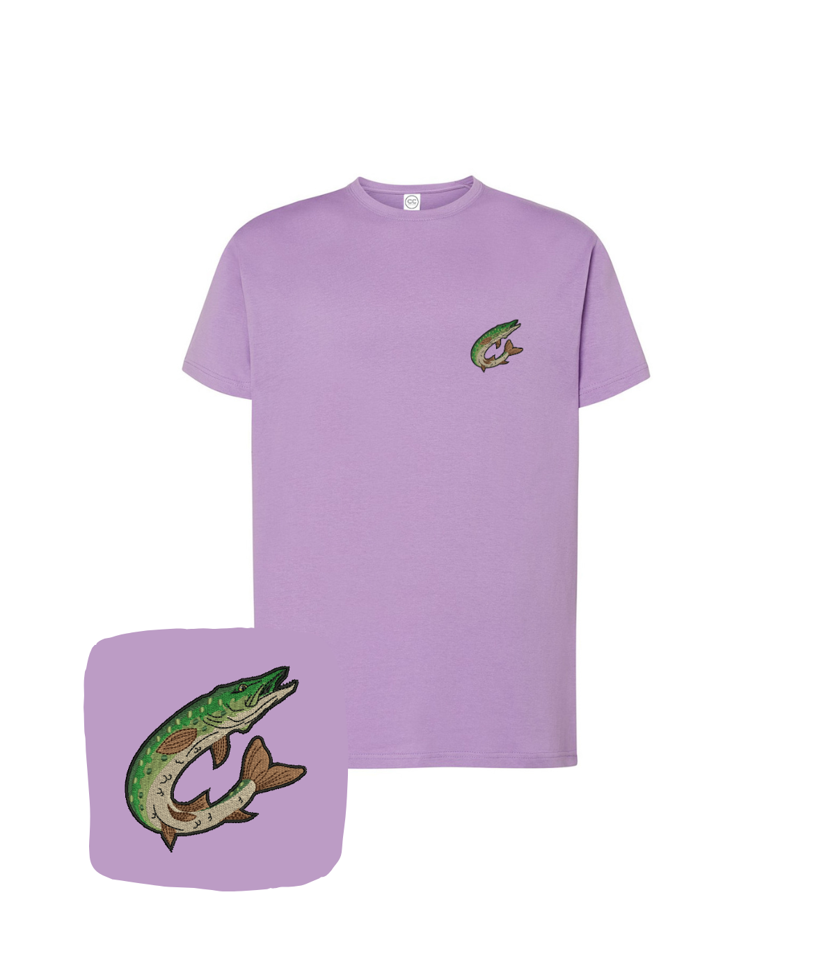 Lavender T-shirt with embroidered jumping pike fish, by CustomClothes.pl, showcasing detailed needlework on front.