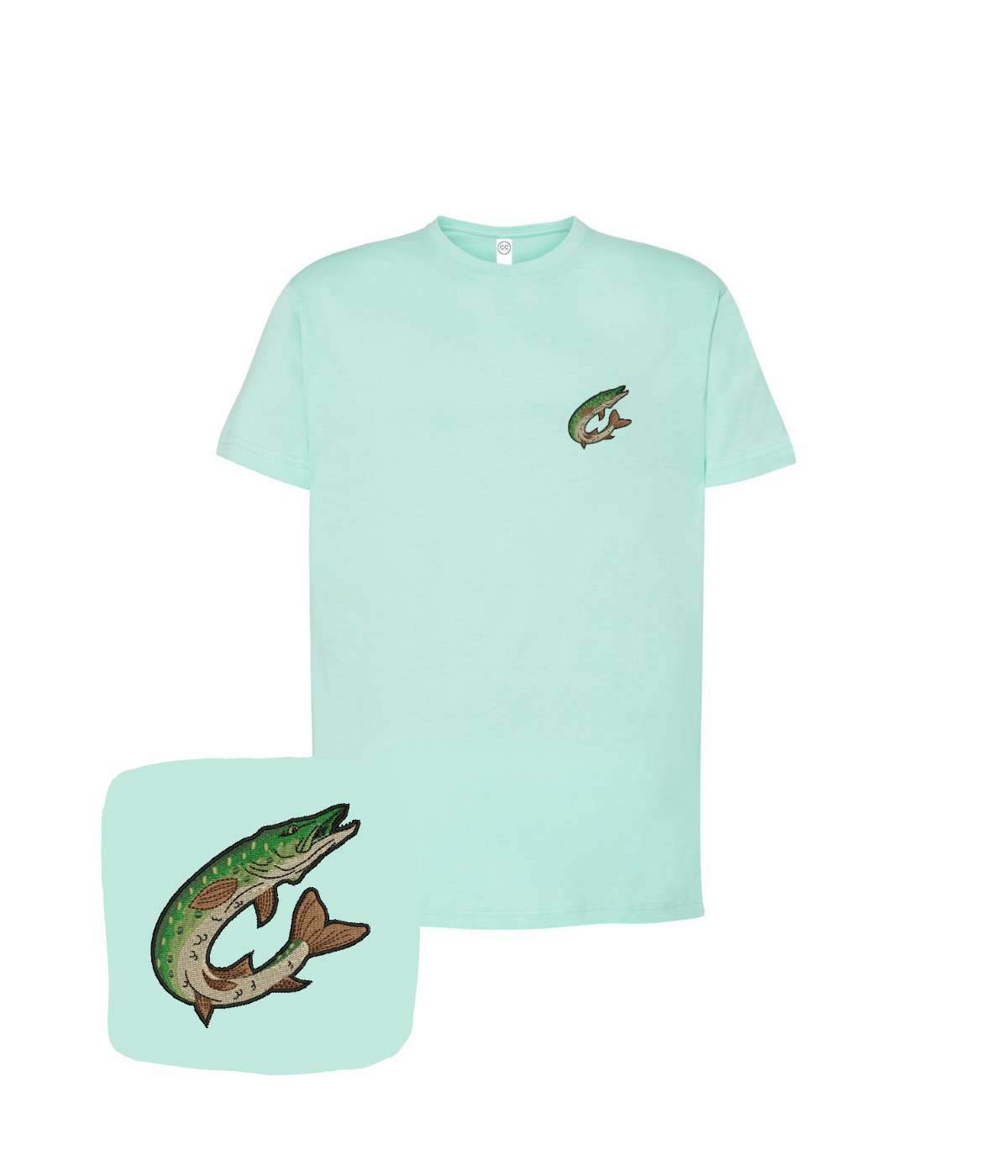 CustomClothes.pl mint green T-shirt with a stitched design of a jumping pike fish, casual and stylish clothing.