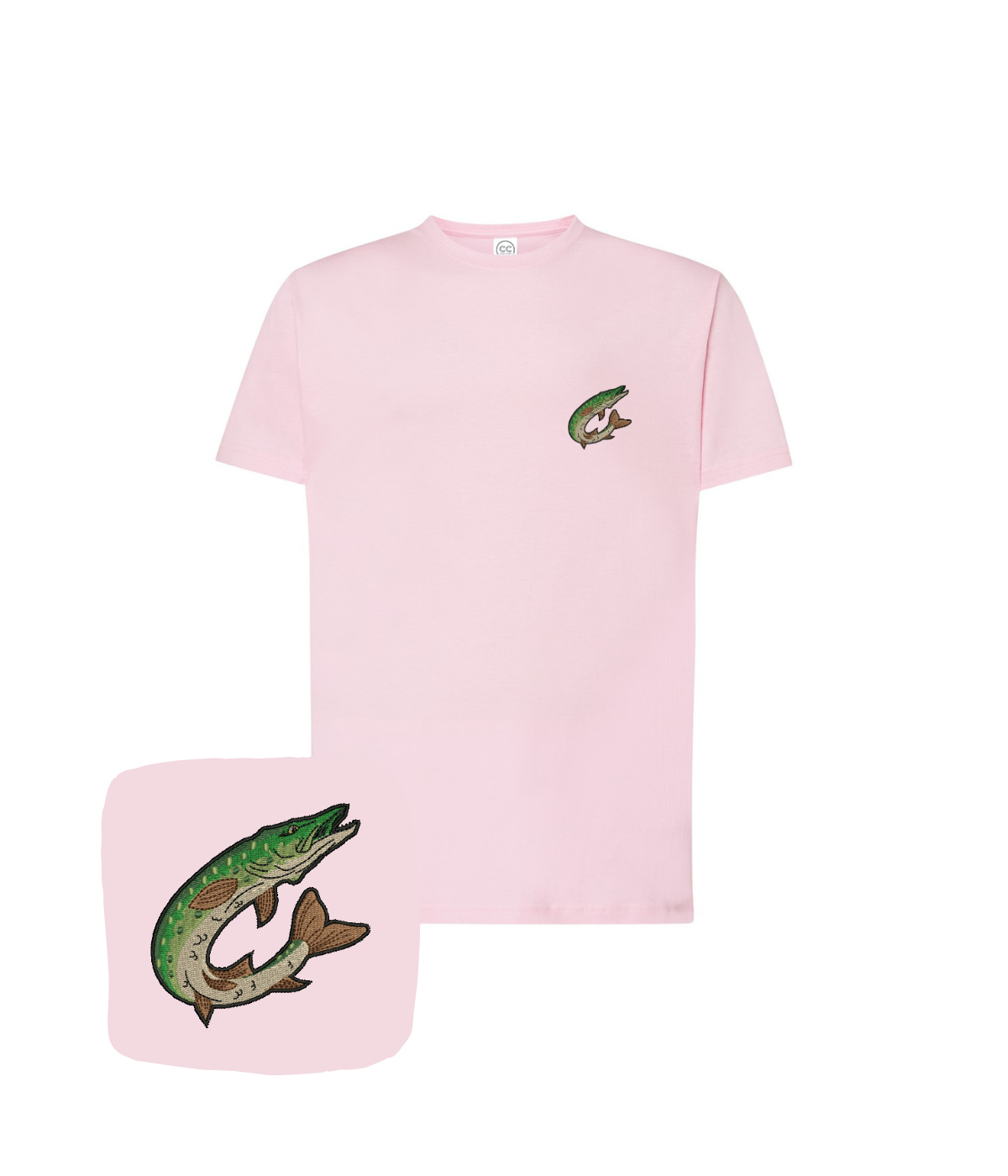 Pink T-shirt with embroidered jumping pike fish design, stylish casual wear from CustomClothes.pl.