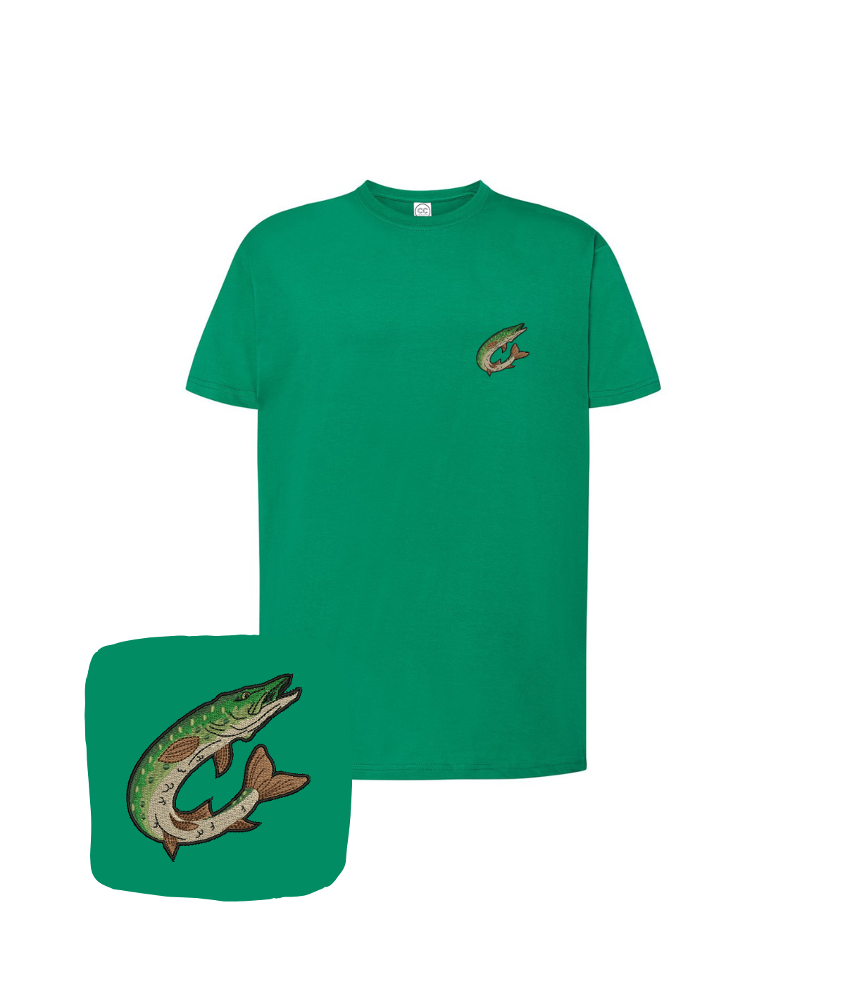 Green T-shirt with embroidered jumping pike fish design from CustomClothes.pl, casual style and vibrant detail.