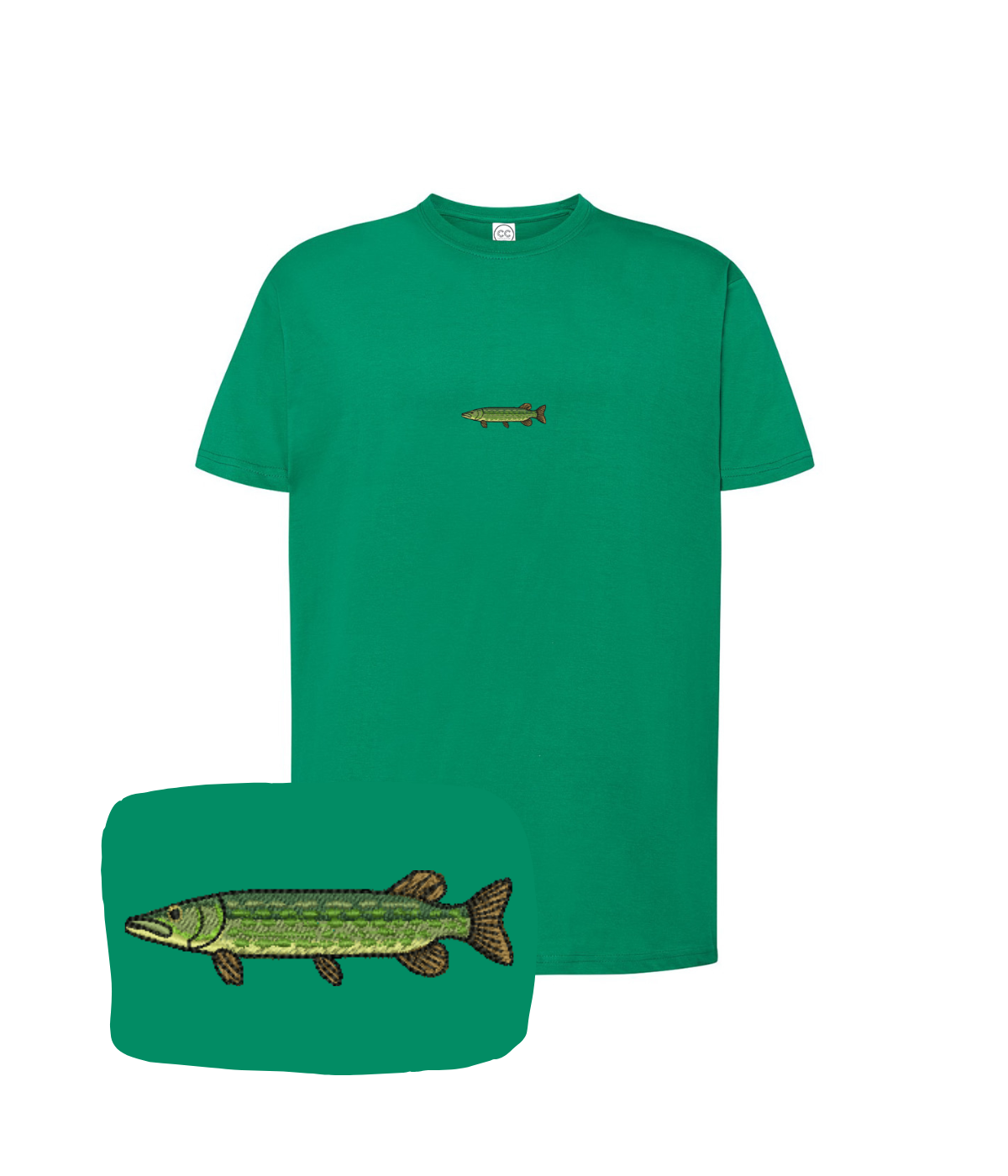 Green CustomClothes.pl T-shirt with a detailed embroidered pike fish design on the front.