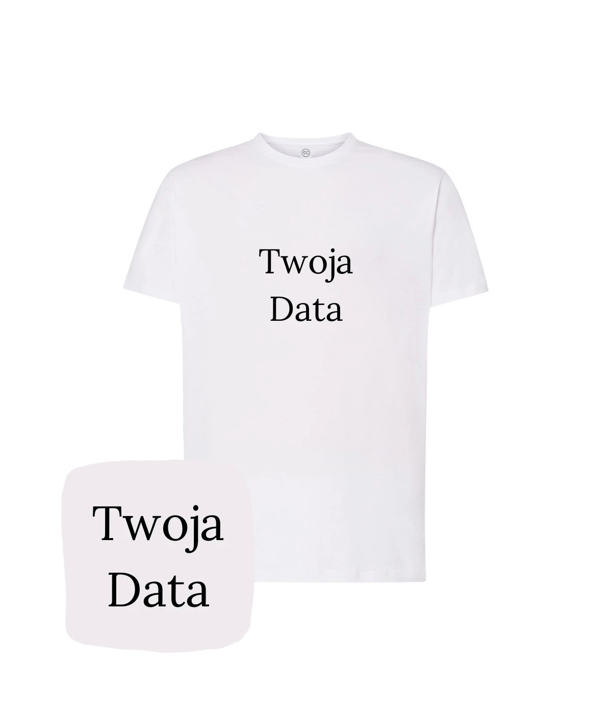Biała koszulka z haftem Twoja Data - personalizowany prezent dla bliskiej osoby, idealna koszulka z haftem komputerowym