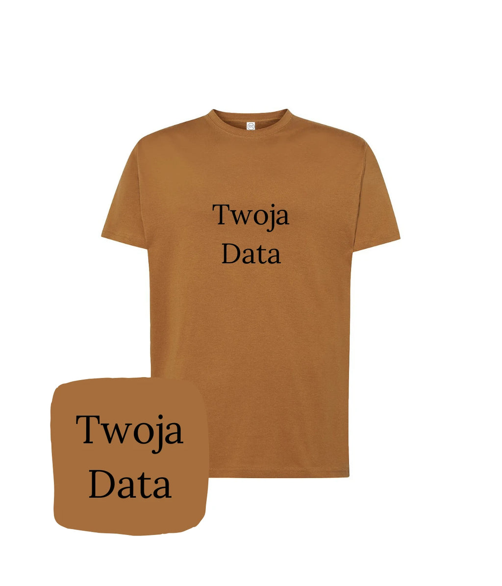 Brązowa koszulka z haftem Twoja Data, idealna jako prezent niespodzianka, personalizowana koszulka z haftem komputerowym