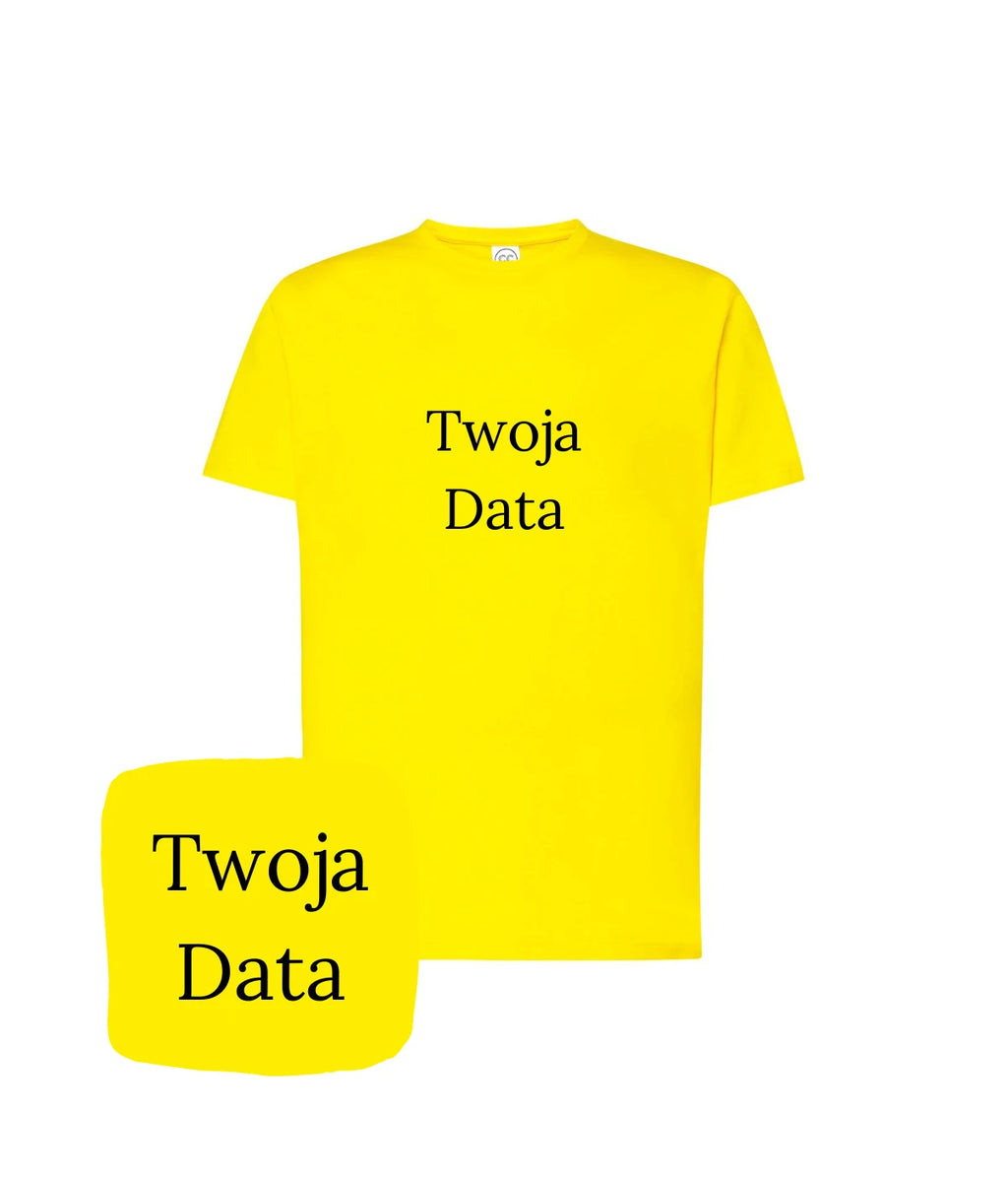 Żółta koszulka z haftem Twoja Data - idealny prezent dla niego, haft komputerowy, personalizowana koszulka na każdą okazję