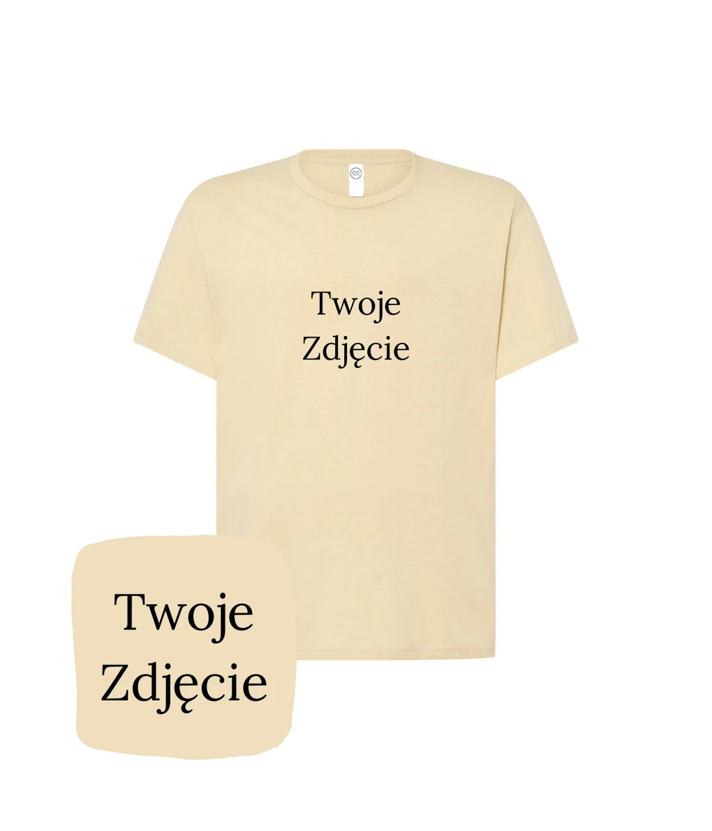 Beżowa koszulka z haftem Twoje zdjęcie - idealna na zestaw rodzinny, personalizowany haft