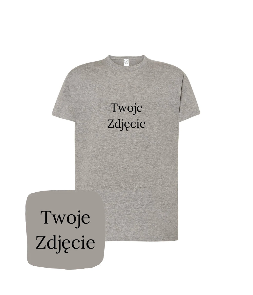 Szara koszulka z haftem Twoje zdjęcie - standardowa i uniwersalna, z haftem komputerowym
