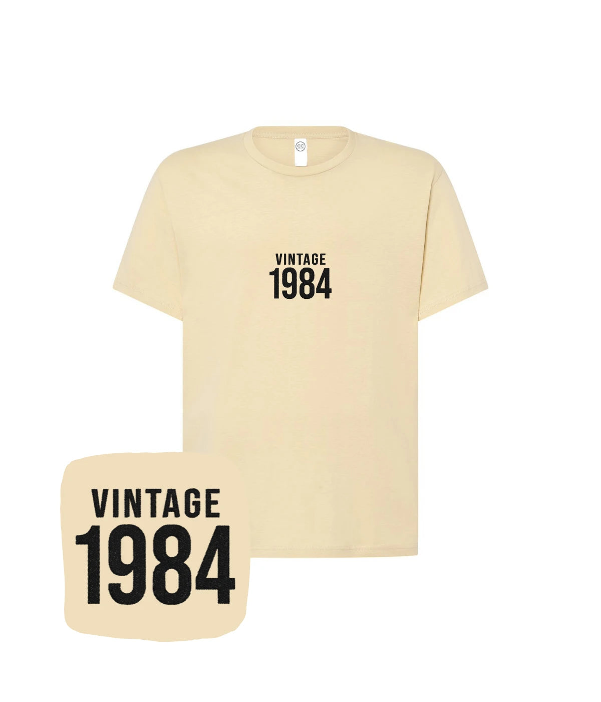 Beżowa koszulka z haftem 'Vintage 1984' w klasycznym stylu, haft komputerowy najwyższej jakości