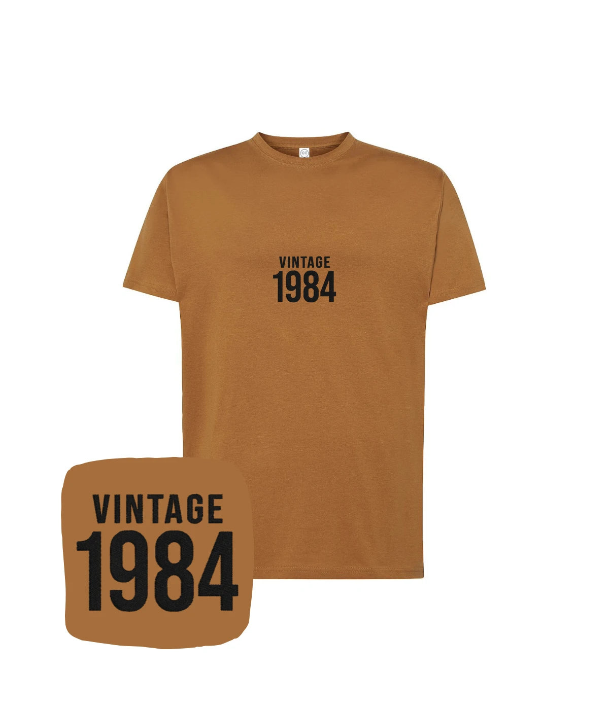 Brązowa koszulka z napisem 'Vintage 1984' - odważny styl z haftem komputerowym