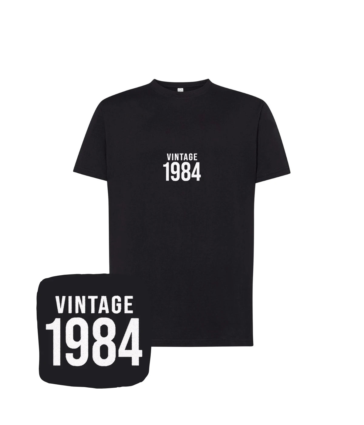Czarna koszulka z napisem 'Vintage 1984' - nowoczesny styl, haft komputerowy