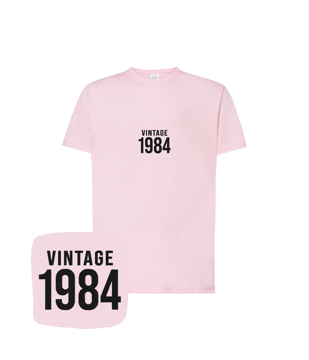Jasnoróżowa koszulka z napisem 'Vintage 1984' - delikatny styl z haftem komputerowym