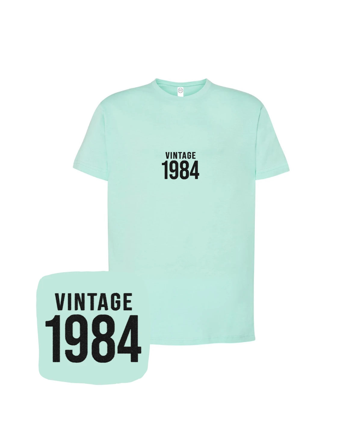 Miętowa koszulka z haftem 'Vintage 1984' - modny wybór z haftem komputerowym