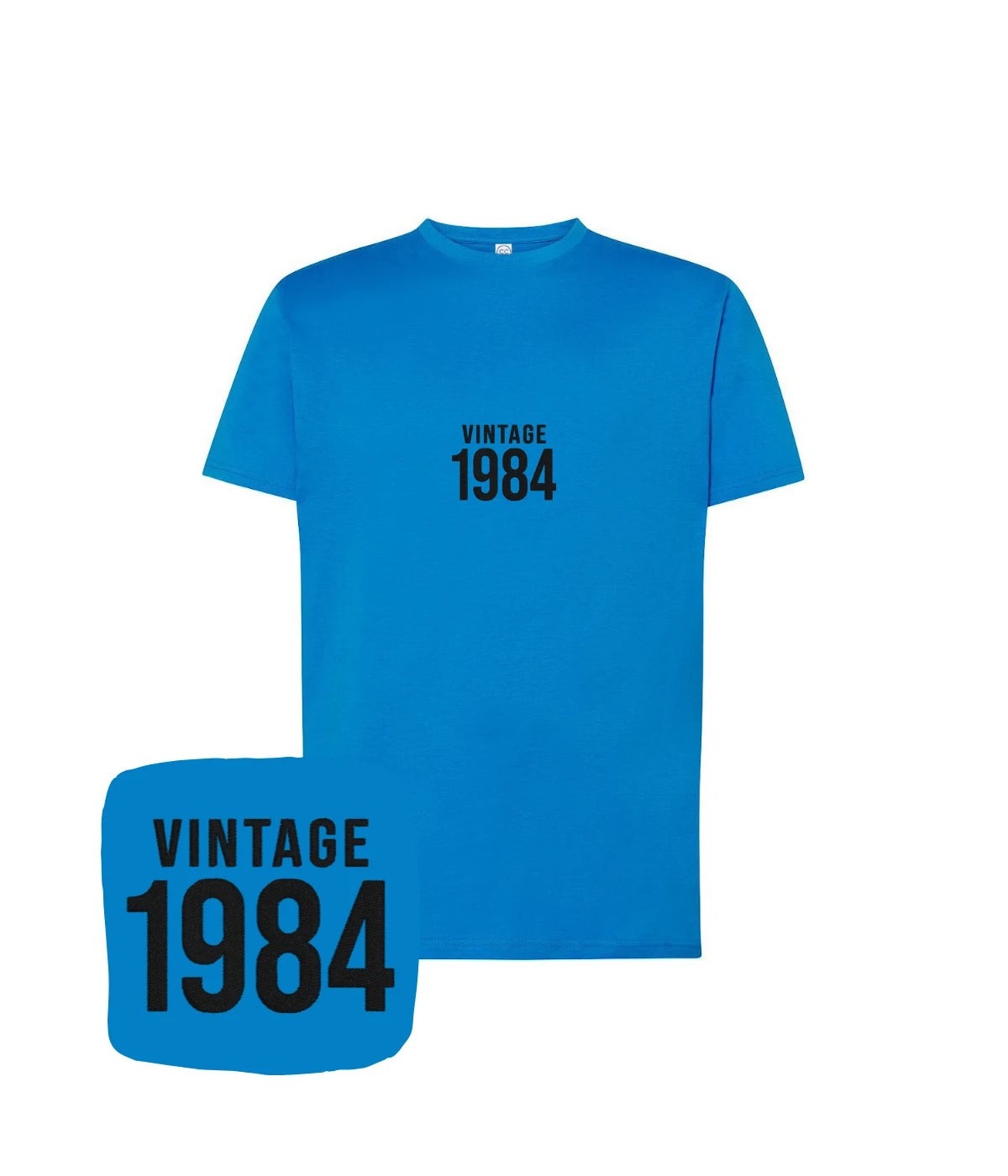 Klasyczna niebieska koszulka z haftem 'Vintage 1984' - idealna na każdą okazję, haft komputerowy