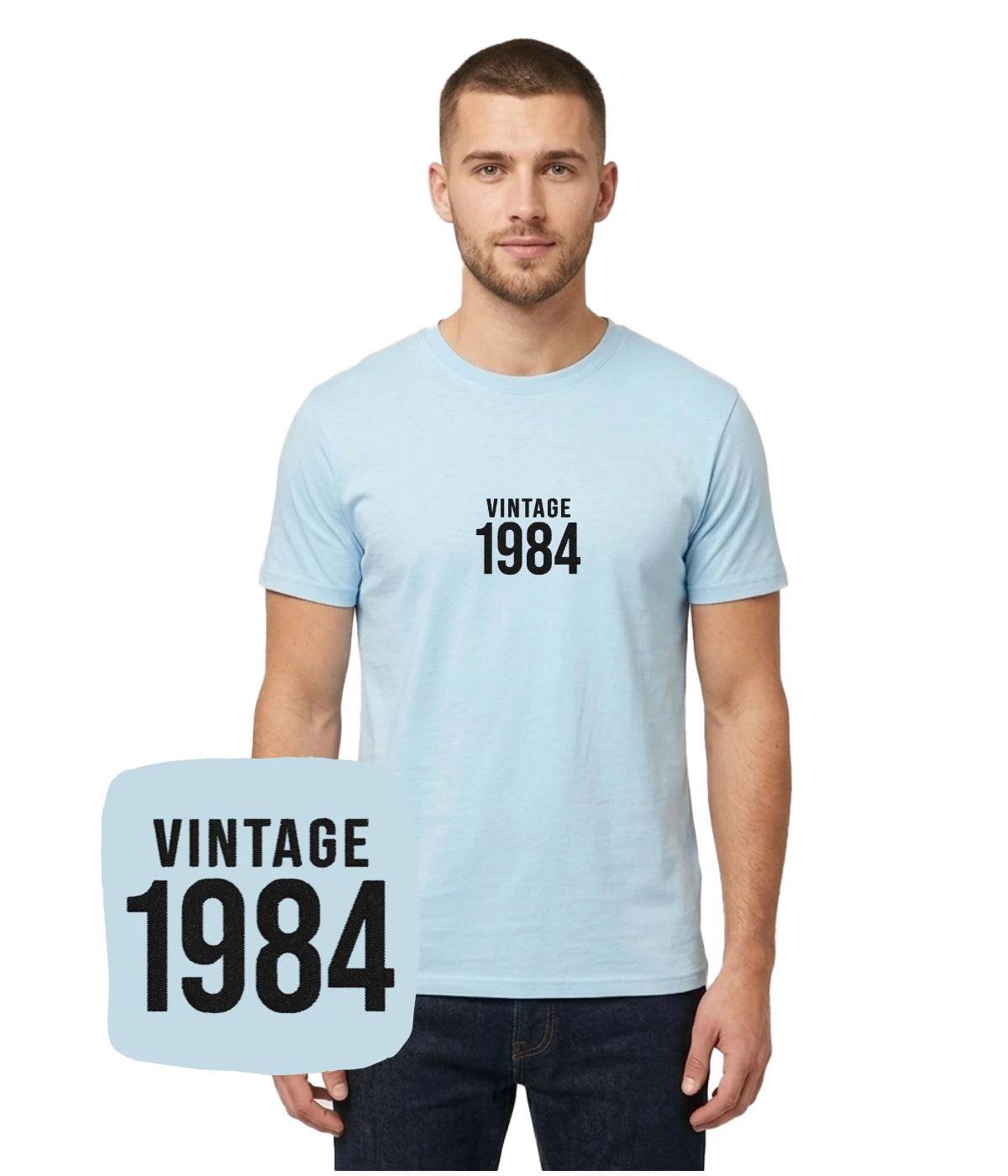 Koszulka z haftem napisem 'Vintage 1984', błękitna - idealny prezent dla niego, haft komputerowy wysokiej jakości