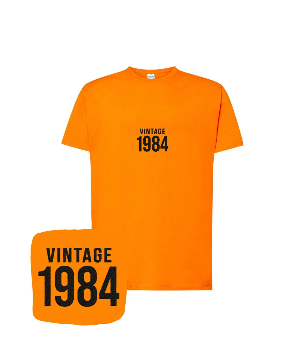 Pomarańczowa koszulka z napisem 'Vintage 1984' - modna koszulka z haftem komputerowym