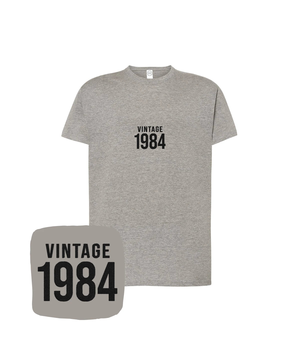 Szara koszulka z haftem 'Vintage 1984' - klasyczna i modna, haft komputerowy