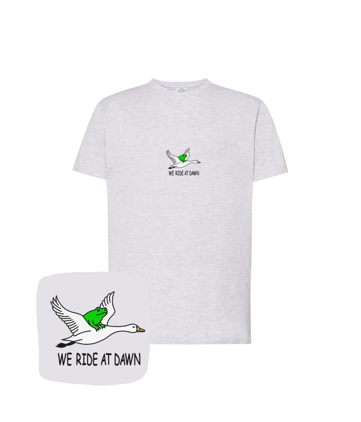 Szara koszulka z haftem We Ride at Dawn z dynamicznym wzorem ptaka i żaby - prezent uniwersalny, haft komputerowy.