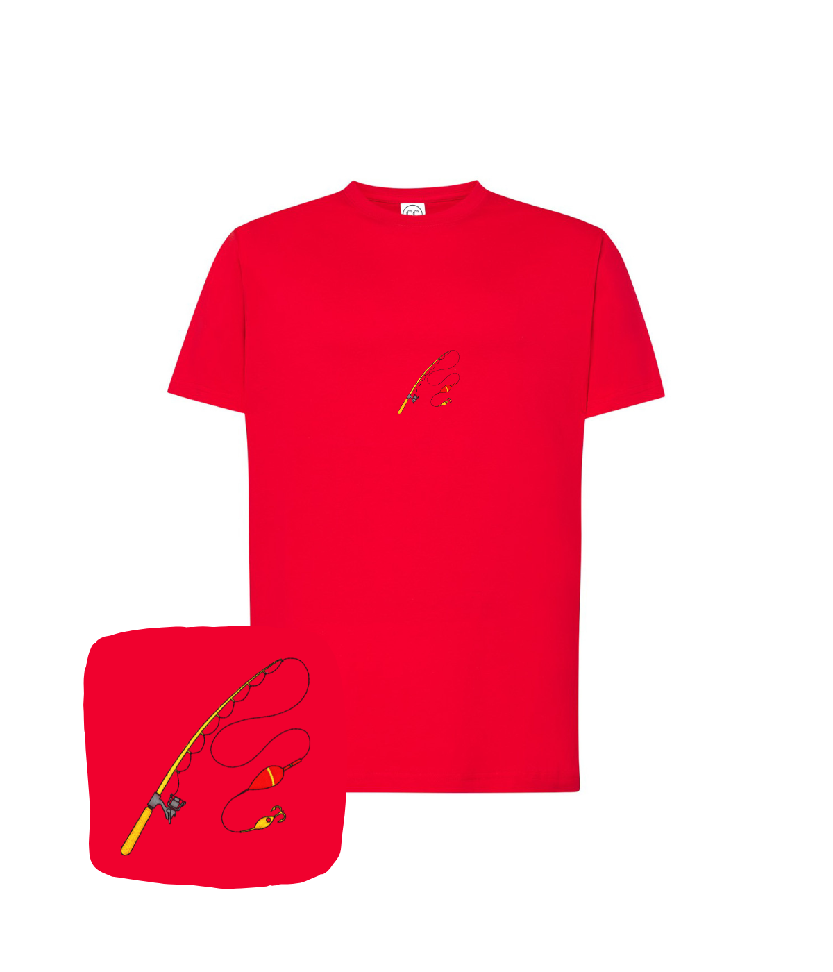 Chabrowa koszulka z haftem wędki na przodzie, dedykowana dla fanów wędkarstwa i łowienia.