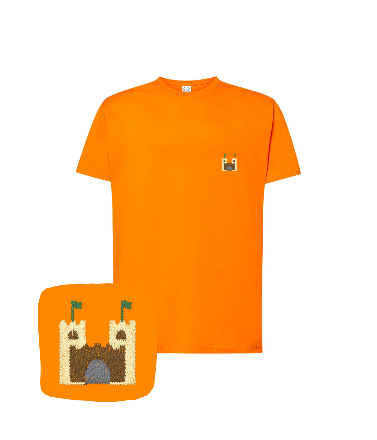 Pomarańczowa koszulka z haftem zamku z piasku - idealna na imprezę, haft komputerowy