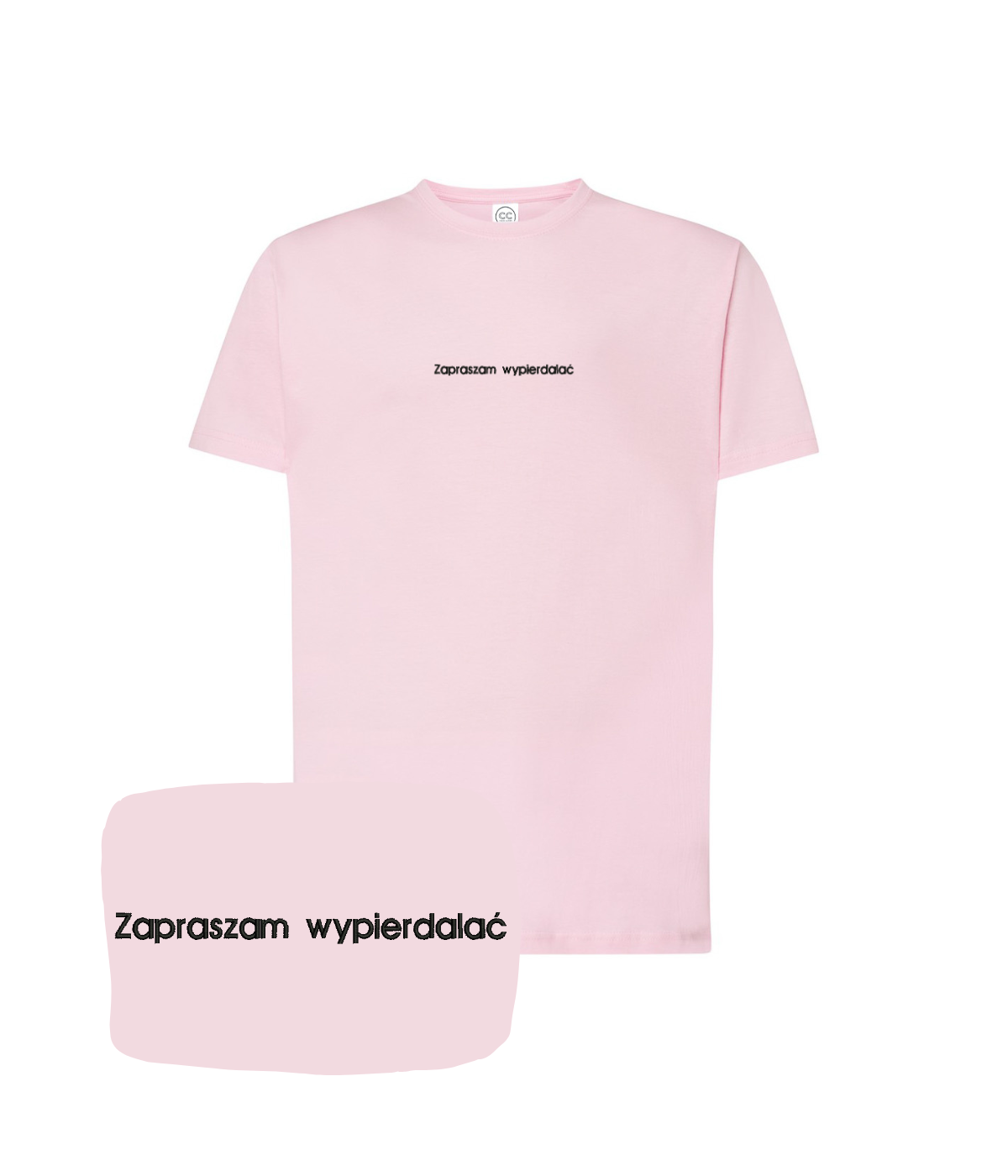Light blue T-shirt with embroidered text "Zapraszam wypierdalać" from CustomClothes.pl, featuring a casual fit and detailed stitching.