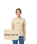 Beige humorous T-shirt with embroidered text "Zawsze kurwa coś" from CustomClothes.pl featuring bold lettering and casual fit.
