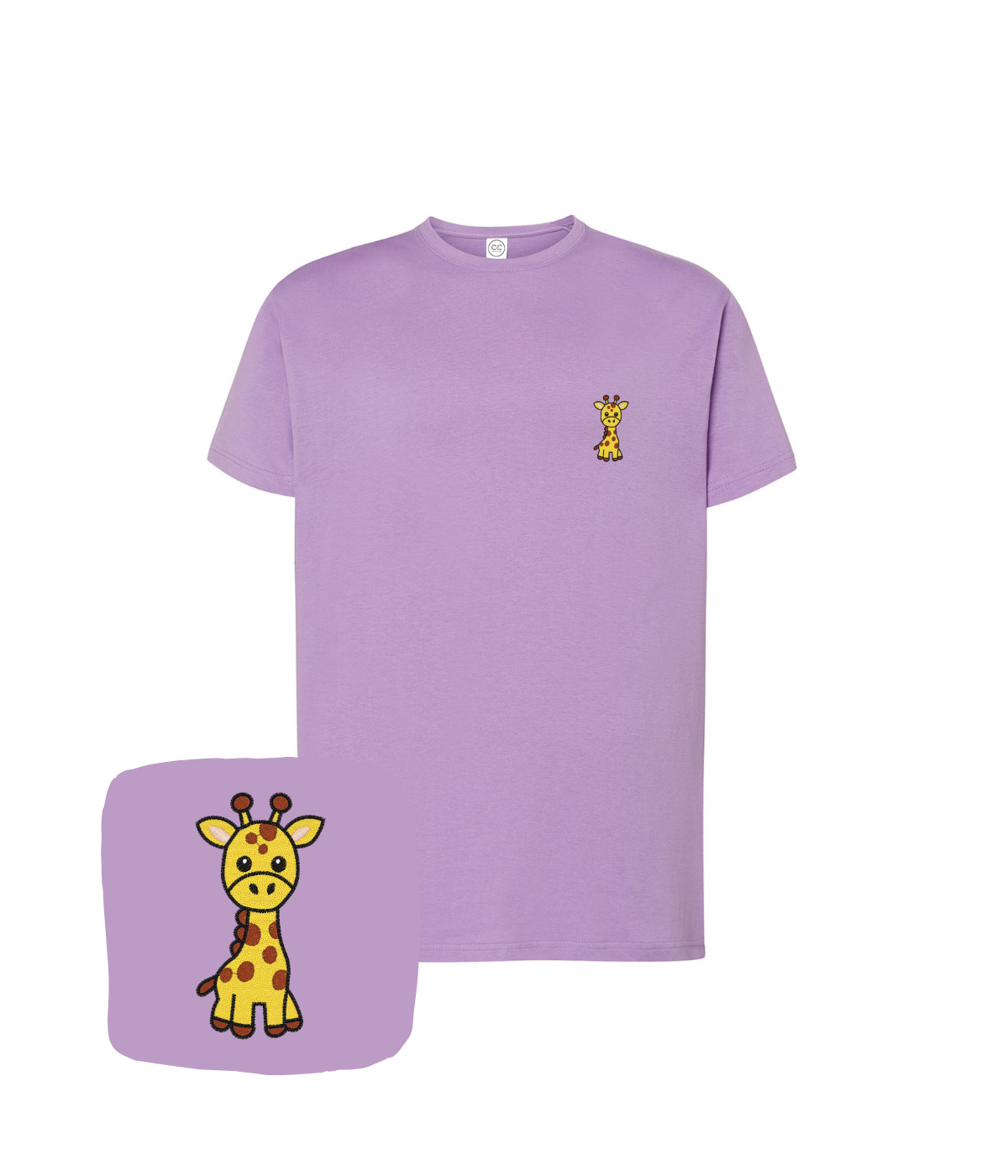 Liliowy T-shirt z haftem żyrafy - miękka koszulka dziecięca, idealna na prezent z haftem.