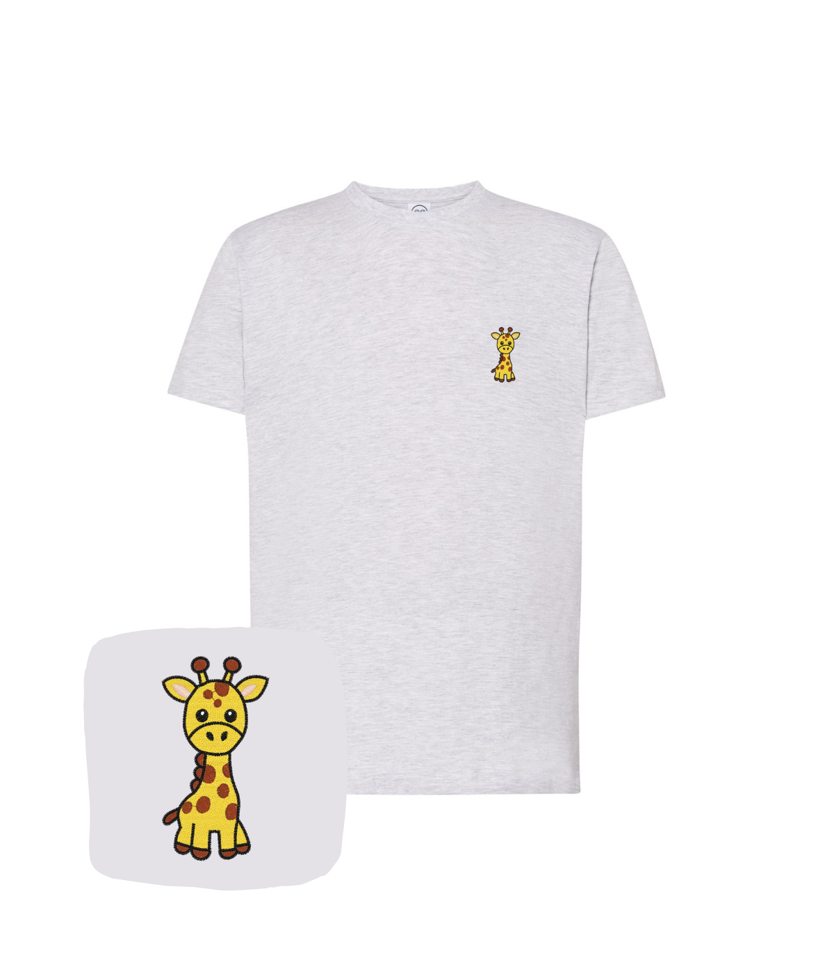 Szary melanż T-shirt z haftem żyrafy - koszulka dla dzieci z haftem na każde uroczystości.