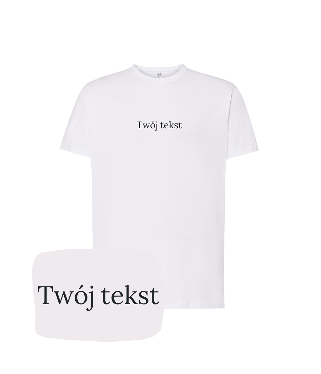 White personalized T-shirt from CustomClothes.pl with a small custom text displayed on the front.