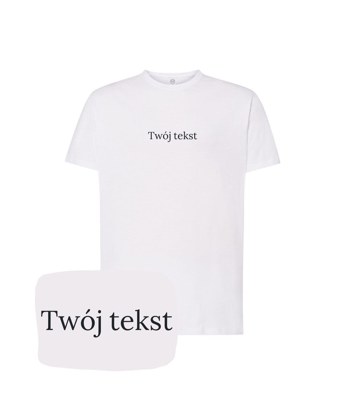White personalized T-shirt from CustomClothes.pl with a small custom text displayed on the front.