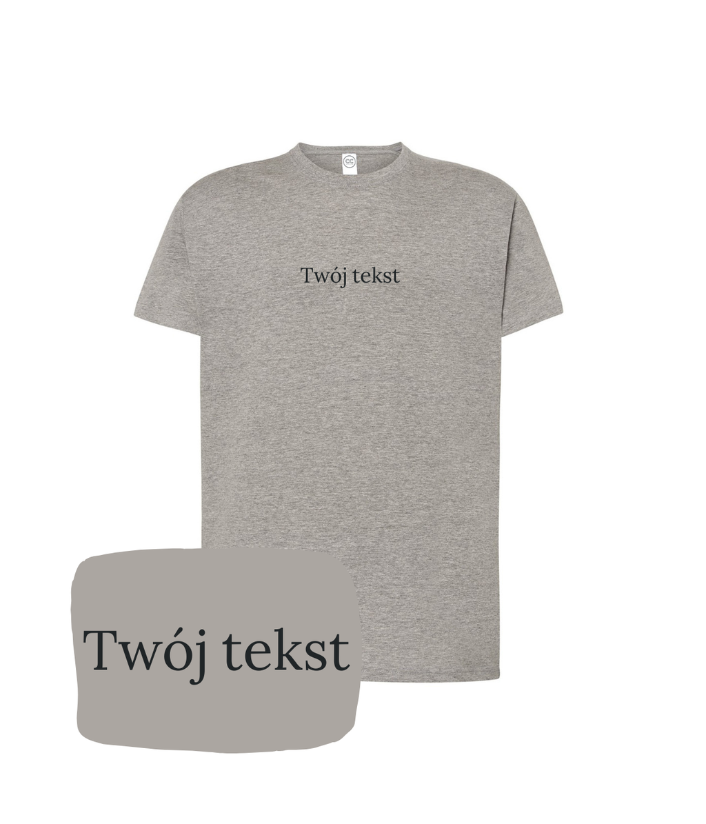 Dark gray personalized T-shirt with custom small text, showcasing a unique design and comfortable fit from CustomClothes.pl.