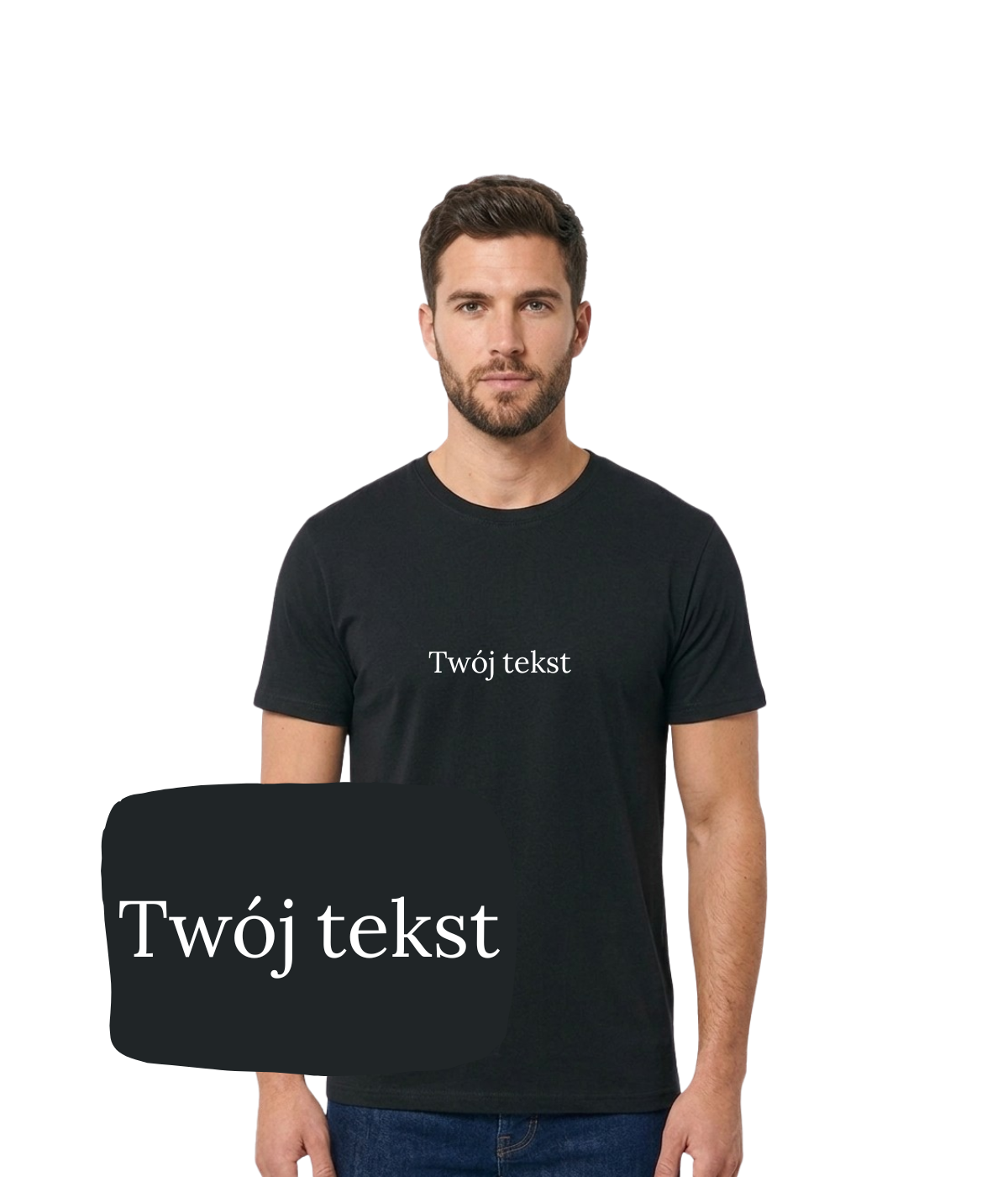 Black personalized T-shirt from CustomClothes.pl with a small custom text or message on the front.