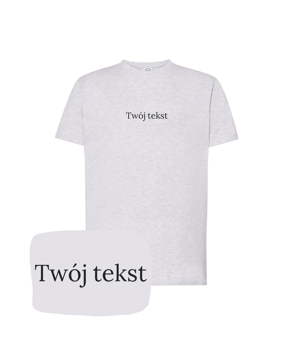 Light gray personalized T-shirt from CustomClothes.pl with small custom text on the front.
