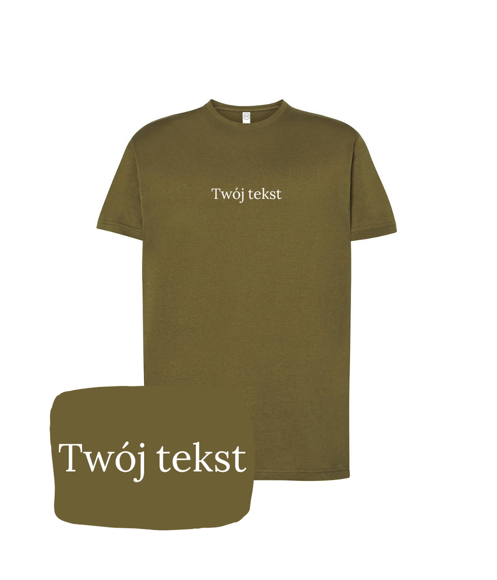 Khaki personalized T-shirt with custom text from CustomClothes.pl, showing the front design with small handwritten message.