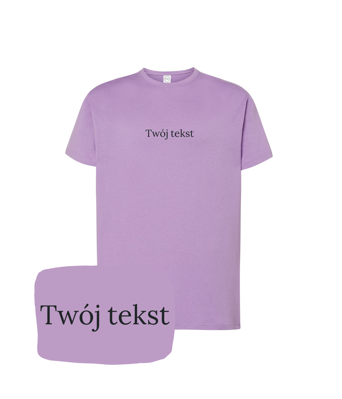 Lavender personalized T-shirt from CustomClothes.pl with custom text on the front, casual fit, soft fabric, and short sleeves.