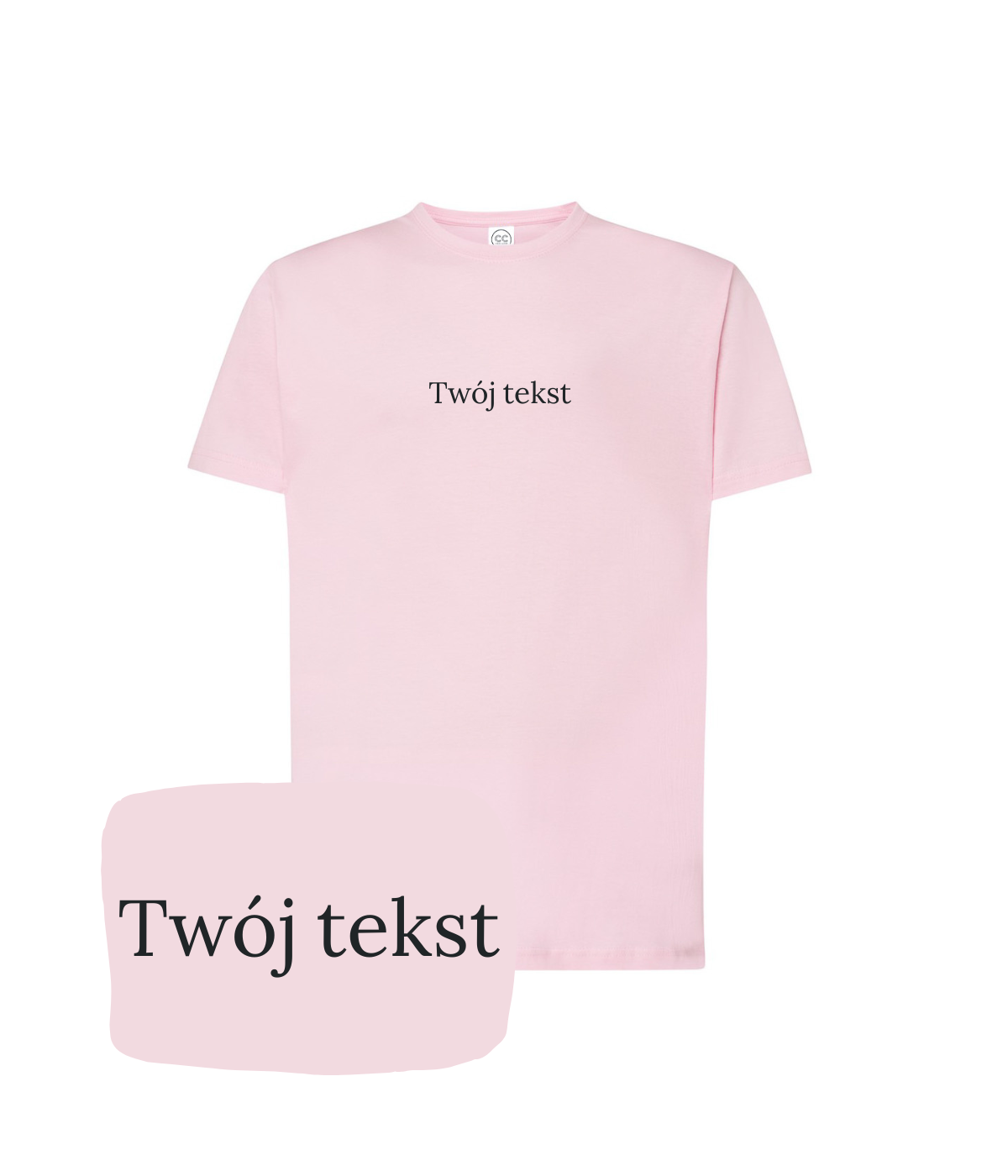 Pink personalized T-shirt with custom text from CustomClothes.pl, featuring a small written message on the front.