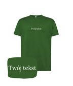 Green personalized T-shirt from CustomClothes.pl with a small custom text on the front, casual fit and soft fabric.