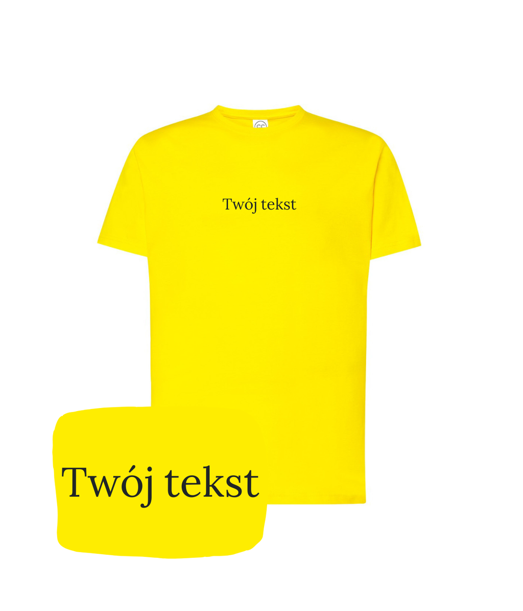 Yellow personalized T-shirt from CustomClothes.pl with custom text, featuring a simple fit and short sleeves.