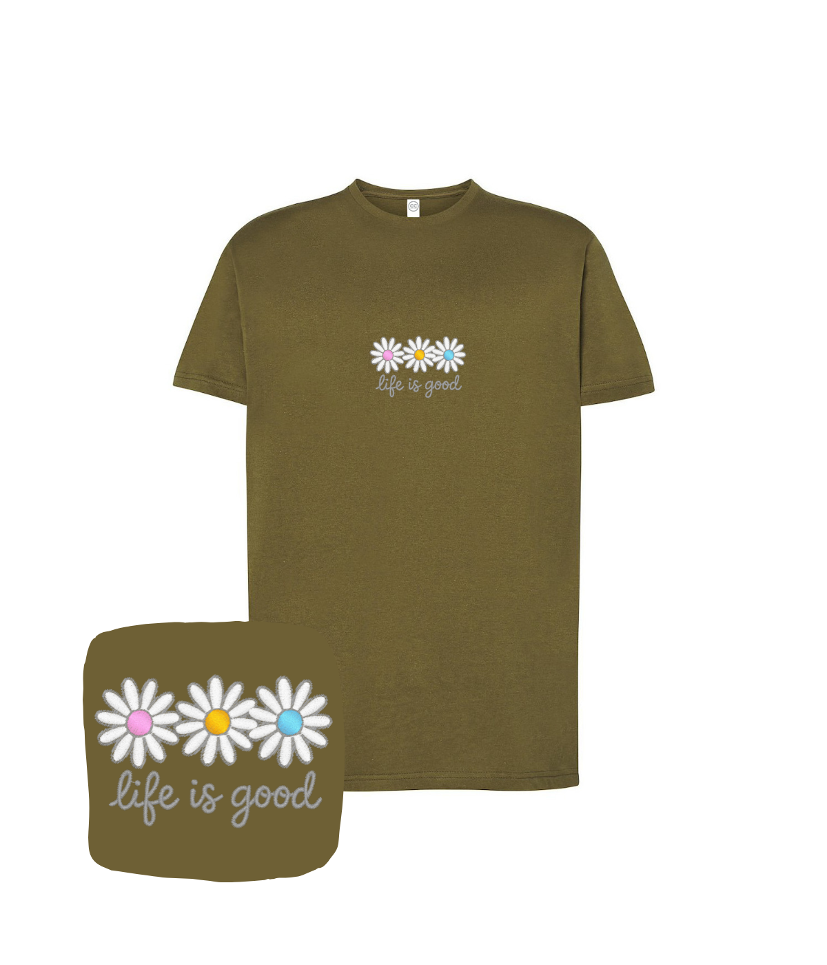 Koszulka z haftem stokrotek life is good – koszulka life is good 190g bawełna, miękka i trwała
