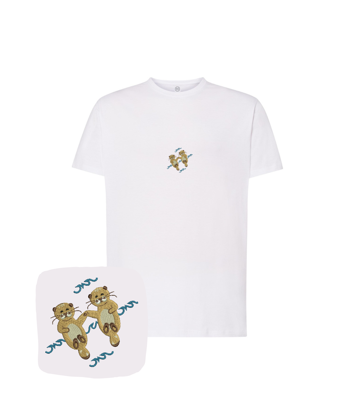 White CustomClothes.pl T-shirt featuring a embroidered otter design on the front, casual and stylish animal-themed apparel.